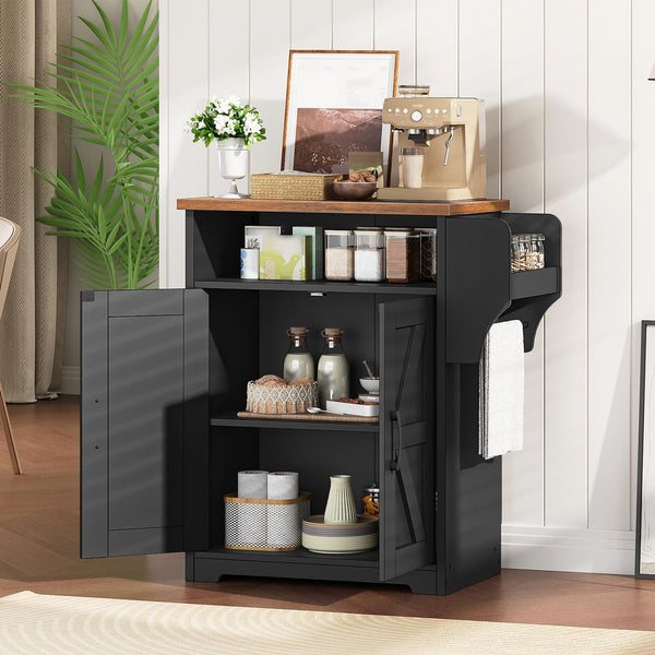 Coffee Bar Cabinet with Floating Shelf & Hooks