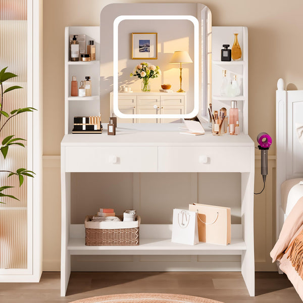 LED Makeup Vanity Desk with Smart Mirror, Power Outlet & Storage