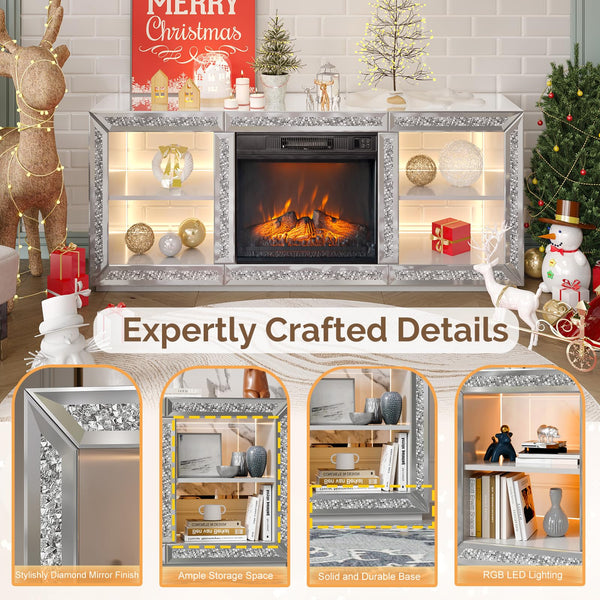 Mirrored Fireplace TV Stand with Electric Fireplace & LED Lights – Silver, 56" Wide