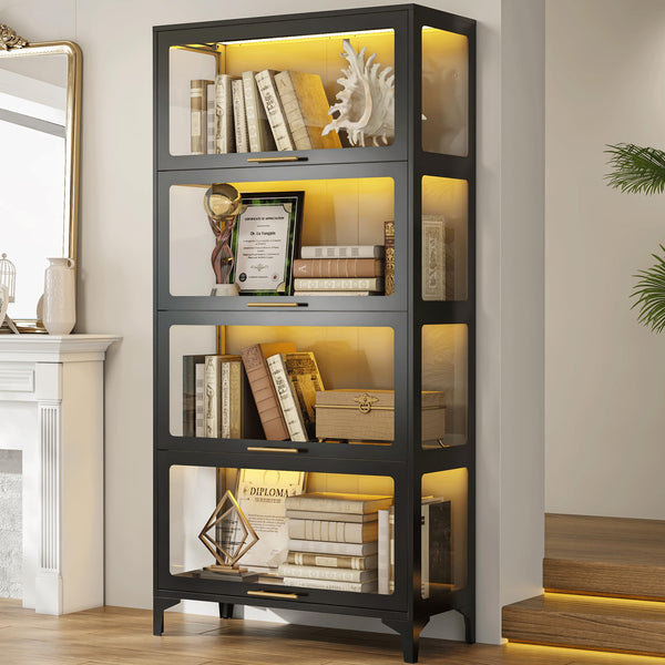 5-Tier Glass Display Cabinet with Flip-Up Doors & LED Lighting