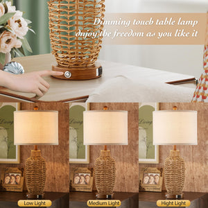 Rattan Table Lamps Set of 2 with USB Port & Dimmable Touch Control