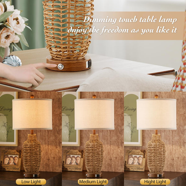 Rattan Table Lamps Set of 2 with USB Port & Dimmable Touch Control