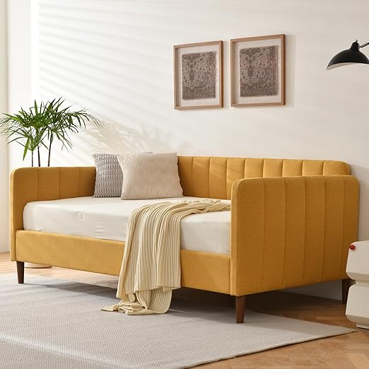 Twin Size Upholstered Daybed with Adjustable Backrest & Wood Slat Support