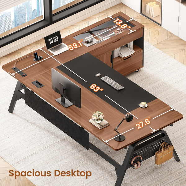 L-Shaped Desk with File Cabinet & Power Outlets