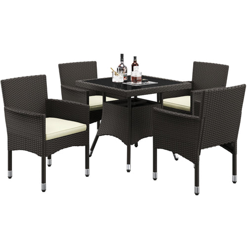 5-Piece Outdoor Rattan Dining Set with Tempered Glass Table