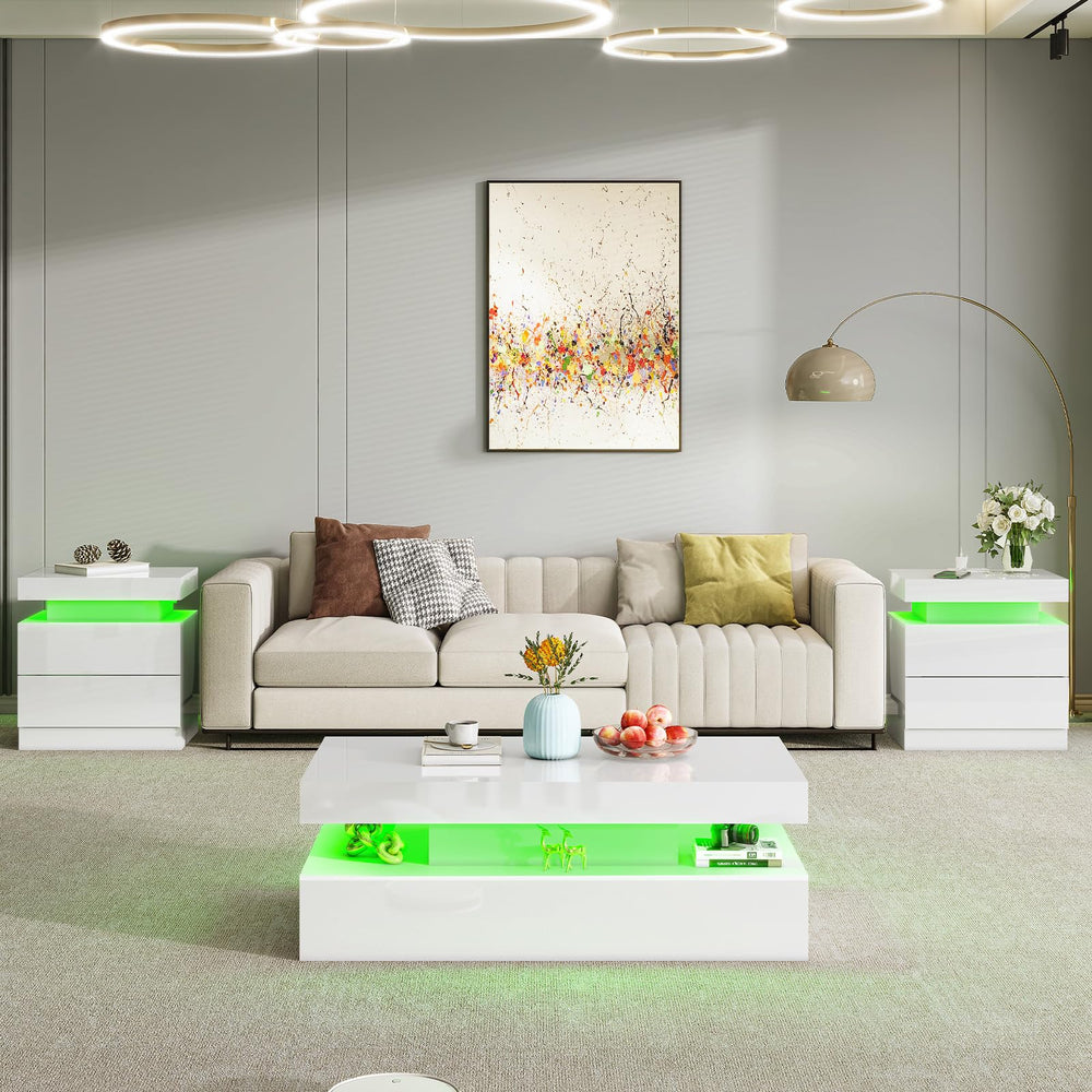 3-Piece LED Coffee Table Set with End Tables & Charging Station