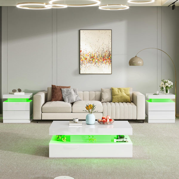 3-Piece LED Coffee Table Set with End Tables & Charging Station