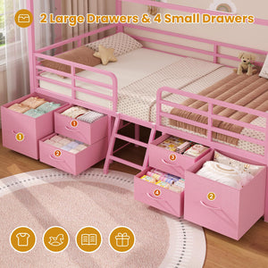 Twin House Bed Frame with Storage Drawers & LED String Lights