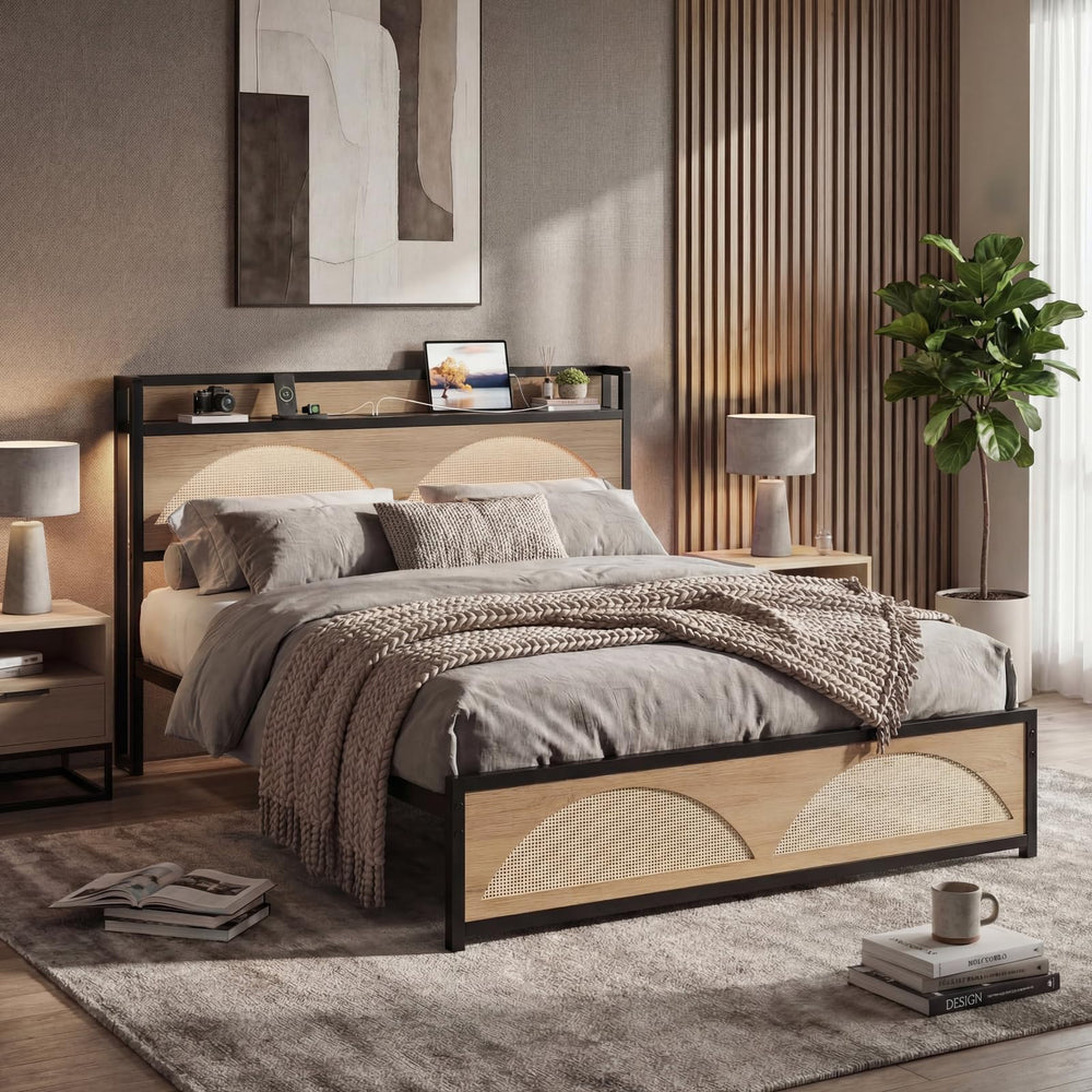 Rattan Queen Bed Frame with LED Lights & Charging Station