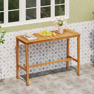 Acacia Wood Outdoor Bar Table with Slatted Top & Adjustable Feet
