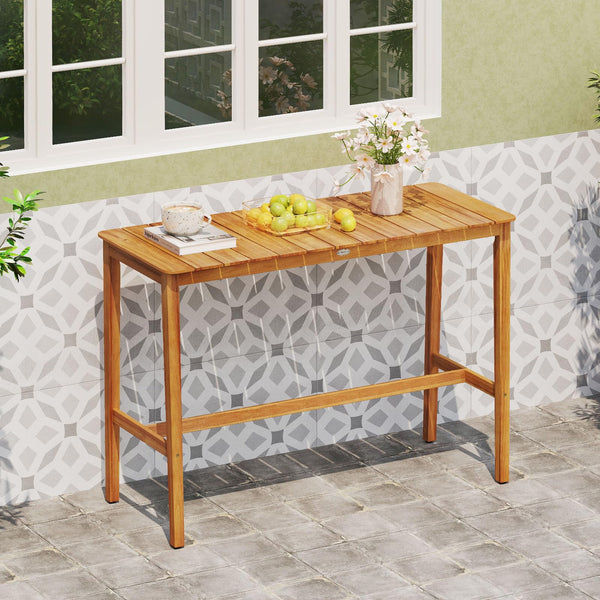 Acacia Wood Outdoor Bar Table with Slatted Top & Adjustable Feet