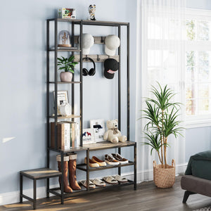 5-in-1 Hall Tree with Shoe Bench, Coat Rack & 4-Tier Shelves, Industrial