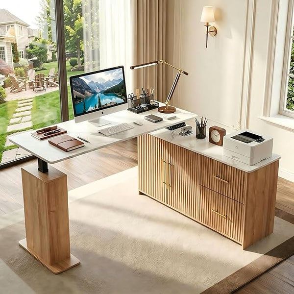 L-Shaped Electric Standing Desk with Drawers & Storage Cabinet