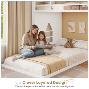 Twin Over Twin L-Shaped Low Bunk Bed with 9 Storage Drawers and LED Lights
