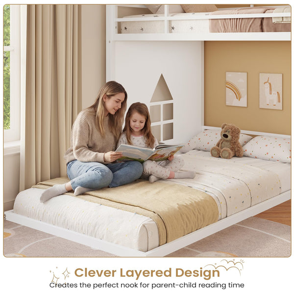 Twin Over Twin L-Shaped Low Bunk Bed with 9 Storage Drawers and LED Lights
