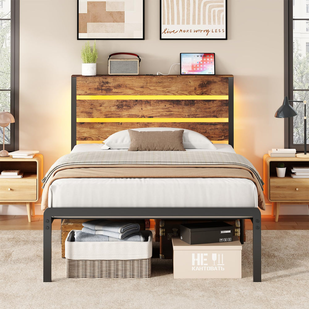 Twin Platform Bed Frame with LED Lights & Charging Station