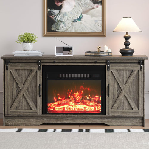 Farmhouse Fireplace TV Stand with Sliding Barn Door for 65" TVs