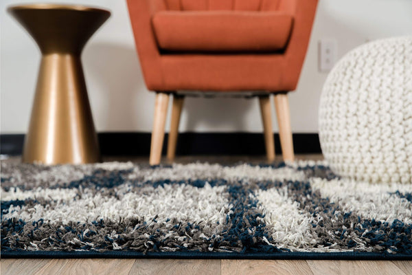 Navy Geometric Shag Area Rug — Plush Polypropylene, Non-Shedding, Multiple Sizes