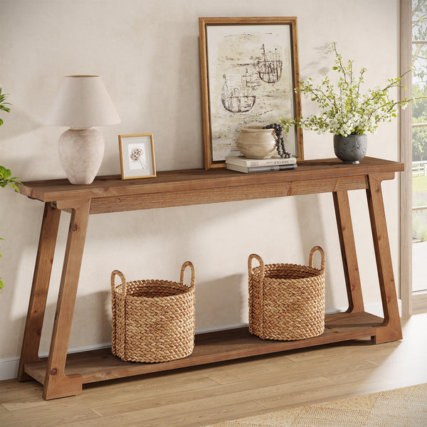 63-Inch Solid Wood Console Table with 2-Tier Storage