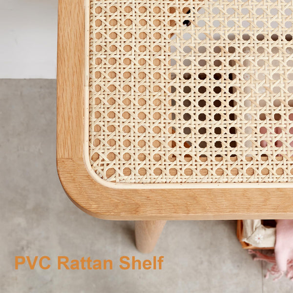 Solid Oak Wood Bench with Rattan Detail