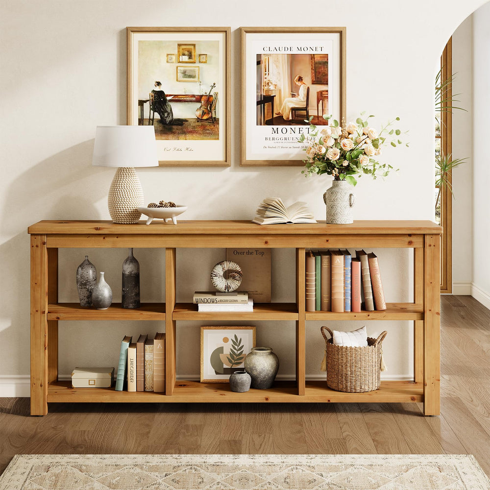 63-Inch Solid Wood Console Table with 6 Storage Cubes