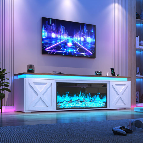 83" Farmhouse Fireplace TV Stand with LED Lighting & Storage Cabinets