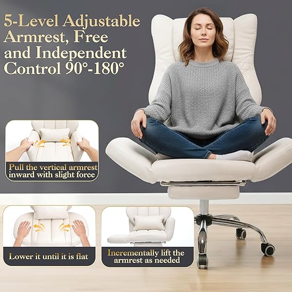 forveolux High Back Executive Office Chair with Footrest, Reclining PU Leather, Lumbar Support, Criss Cross Style, 155° Recline (Beige)