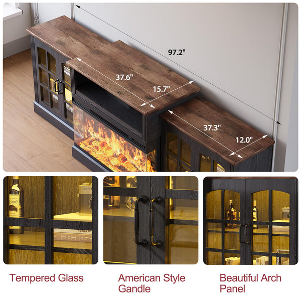 97" Farmhouse Fireplace TV Stand with 3-Sided Electric Fireplace & Storage Cabinets