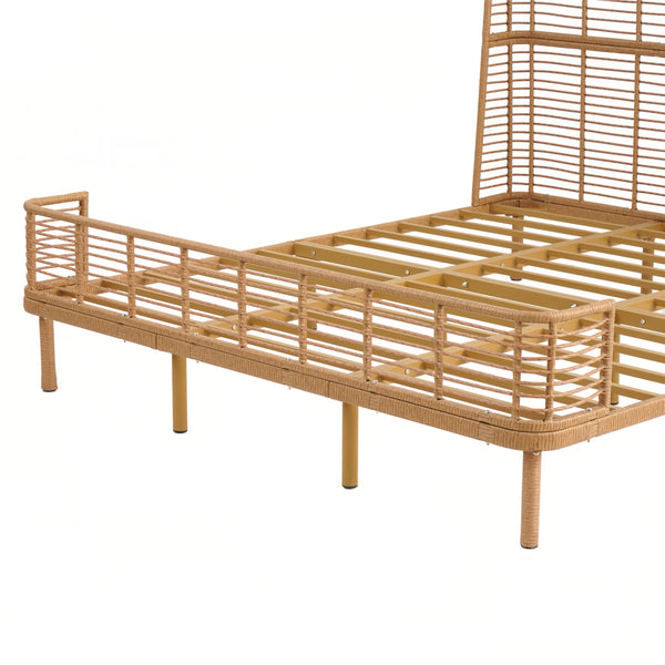 Boho Rattan Platform Bed Frame with Wingback Headboard