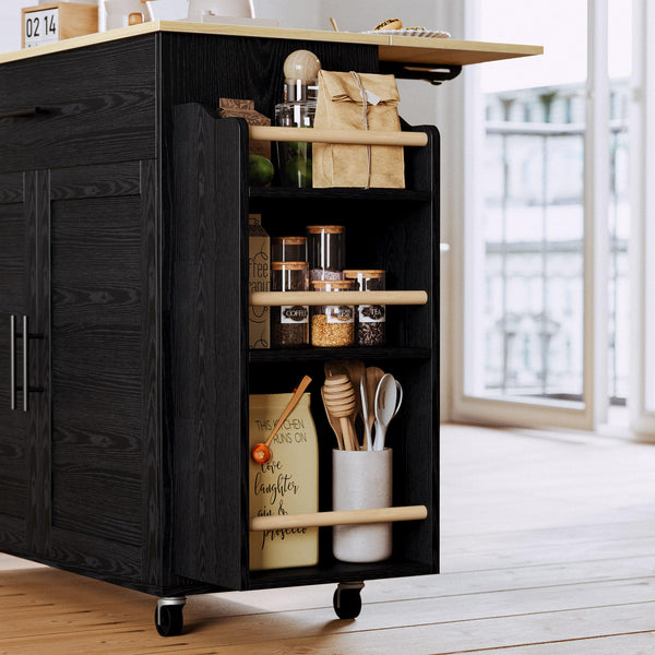 Rolling Kitchen Island with Drop Leaf, Storage Cabinet & Charging Station