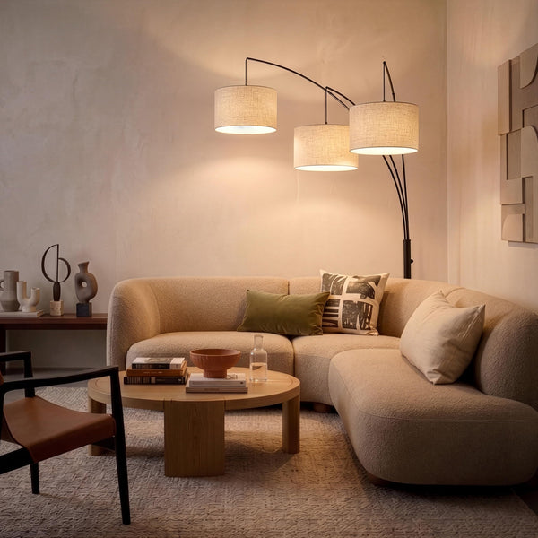 Arc Floor Lamp with 3 Fabric Shades & Marble Base