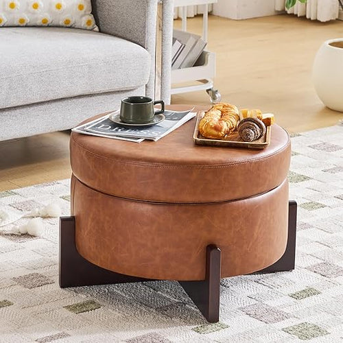 Round Storage Ottoman with Hidden Storage | PU Leather Footrest Stool