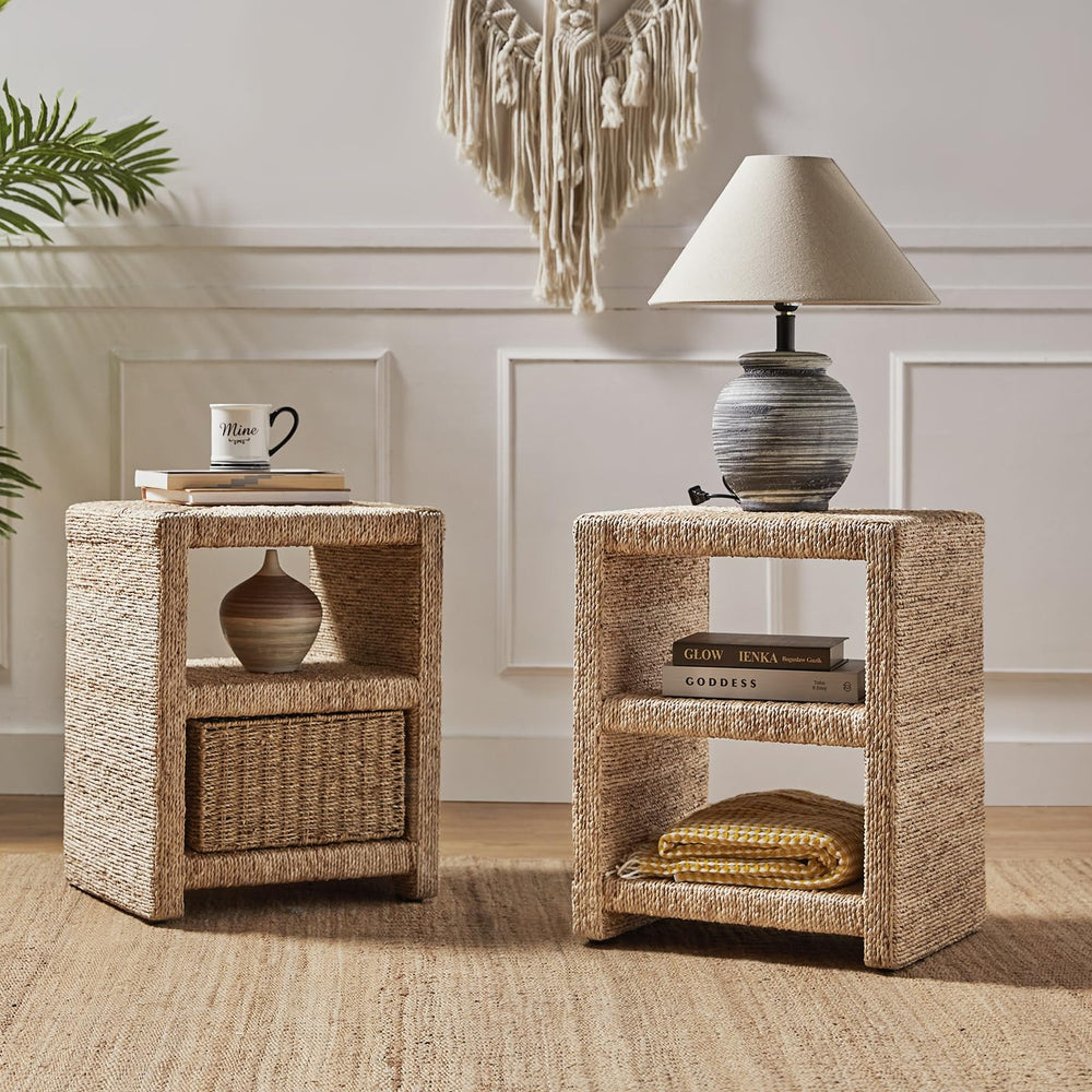 Rattan Nightstand with Seagrass Accents & Drawers – Set of 2