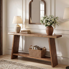 62.99" Solid Wood Console Table with 2-Tier Storage Shelf