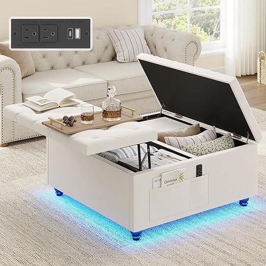 Storage Ottoman with Charging Station & LED Lights