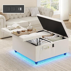 Storage Ottoman with Charging Station & LED Lights