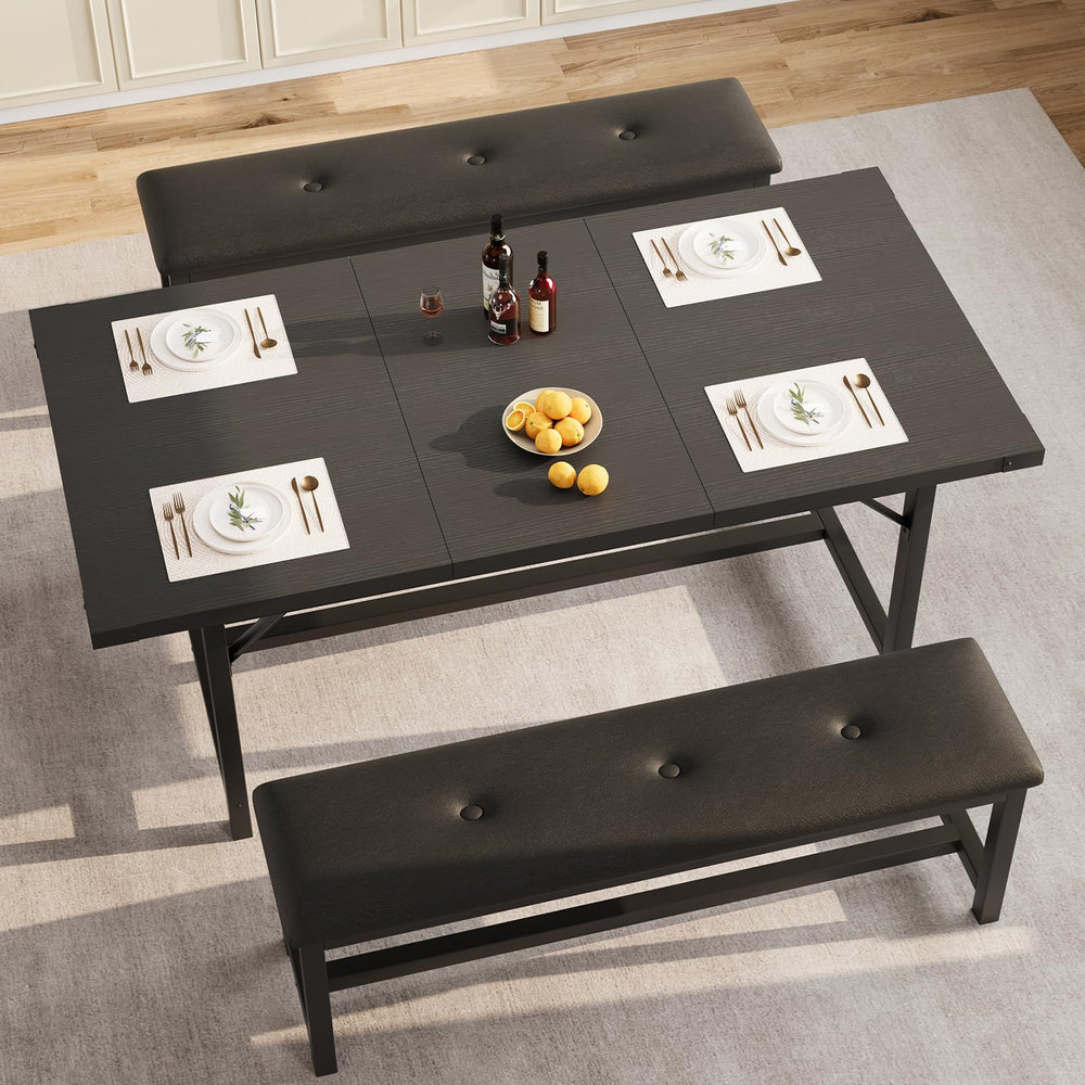 3-Piece Extendable Dining Table Set with 2 Upholstered Benches