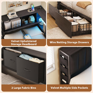 Twin Corner Bed Frame with Storage Headboard, LED Lights & Charging Station
