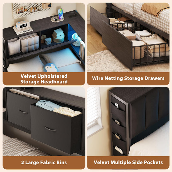 Twin Corner Bed Frame with Storage Headboard, LED Lights & Charging Station
