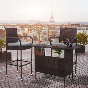 Wicker Outdoor Bar Table with Steel Shelves and Wine Glass Rack