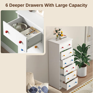 6-Drawer Tall Skinny Dresser with Colorful Handles – White