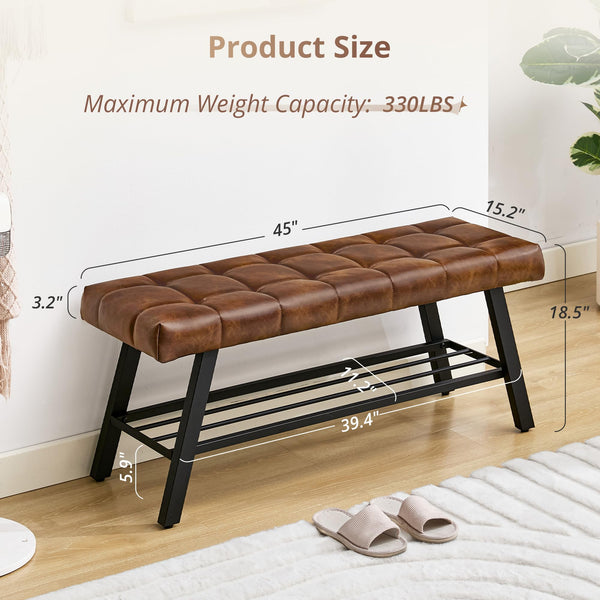 45" Tufted Faux Leather Storage Bench with Metal Frame