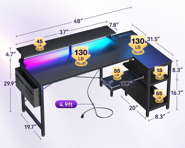 L-Shaped Gaming Desk with LED Lights, USB Charging Ports & Power Outlets
