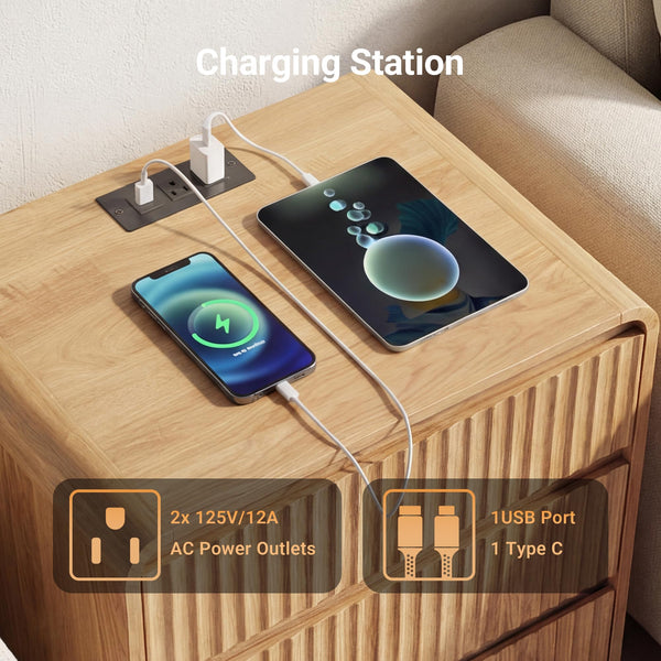 Fluted Nightstand with Charging Station & 3 Drawers