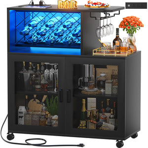 Small Bar Cabinet with LED Light, Power Outlets & Wine Rack