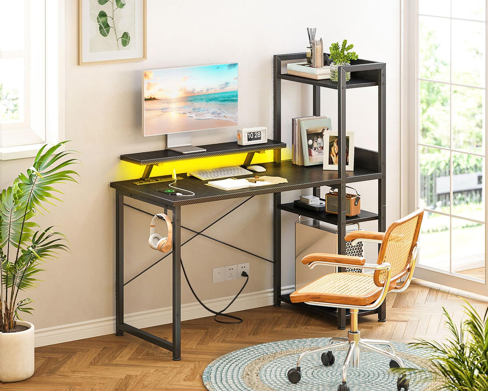 LED Gaming Desk with Storage Shelves & Monitor Stand