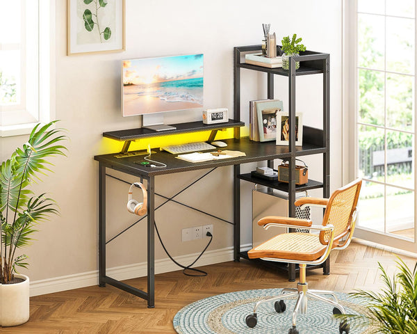 LED Gaming Desk with Storage Shelves & Monitor Stand