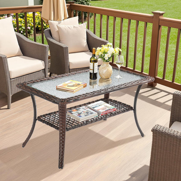 Outdoor Wicker Coffee Table with Storage & Tempered Glass Top