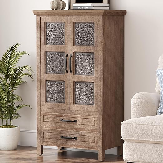 Wood Storage Cabinet with Drawers – Vintage Carved Accent Cabinet
