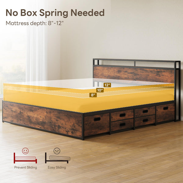 King & Queen Platform Bed Frame with 12 Storage Drawers & Headboard